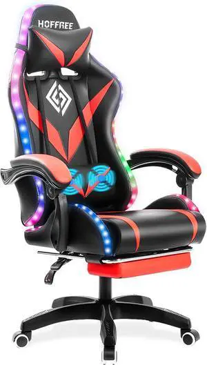 RGB Gaming Chair with Massage and LED Lights Ergonomic Computer Chair with Footrest High Back Video Game Chair with Adjustable Lumbar Support Linkage Armrest Red and Black