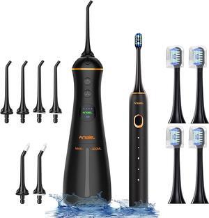 Electric Toothbrush with Water Flosser, Cordless Water Flosser and Ultrasonic Electric Toothbrush Combo with 6 Tips & 4 Brush Heads, LCD Display, 300ML IPX7 Waterproof Water Dental Flosser for Teeth
