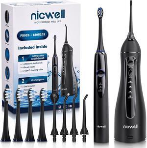 Electric Toothbrush with Water Dental Flosser, 4H Charge 30 Days Use, 4 Modes Cordless Dental Flosser Picks, 3 Modes Sonic Electric Toothbrush, 4 Brush Heads and 4 Water Jet Tips