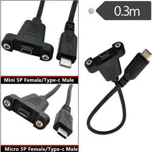 USB3.1 Type C Male To Micro / mini USB 2.0 5Pin female panel mount Data Cable  30cm