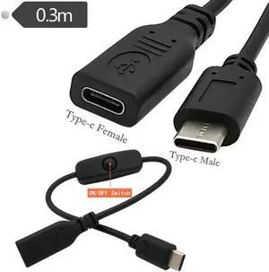 USB 2.0 Type C Male to Female USB-C Extension  Cable With ON/OFF Switch  3A 22AWG 30V  Cord