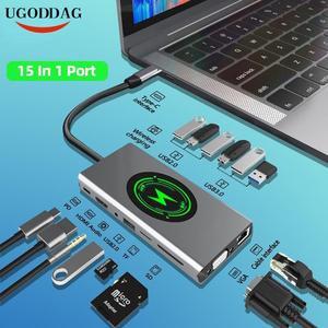 Multifunction USB Type C To HDMI Wireless Charging USB 3.0 Adapter Type C HUB Dock For MacBook Pro Air USB C Splitter Converter Color: pink (4 in 1 HDMI)