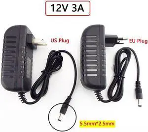 Adapter Power Supply AC to DC 12V 3A US EU Plug Charging Port Converter Charger 5.5mmx2.5mm 3000mA For LED Strip Lamp (EU plug)