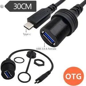Type C OTG Cable, USB 3.1 Male to USB 3.0 A Type Female Waterproof Extension Cable for Car, Motorcycle,Truck Dashboard 0.3m