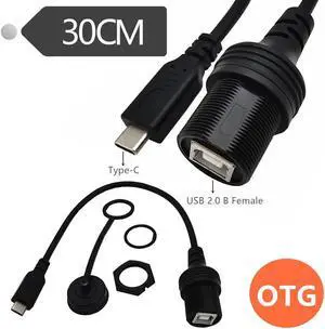USB Type C OTG Cable Male to B Type Female Waterproof Extension Cable for Car, Motorcycle,Truck Dashboard-Black 0.3m