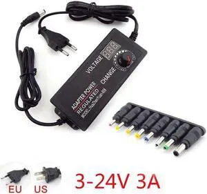 Adjustable AC to DC 3V-24V 3A 3000ma Universal Adapter with Display Screen Voltage Regulated 8 Tips DC Power Supply Connector Plug type: EU