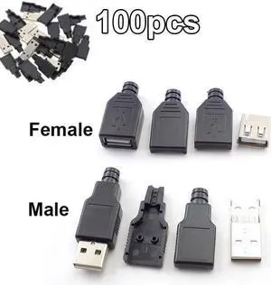 100pcs Type A Male Female USB 4 Pin Plug Socket Connector With Black Plastic Cover Type-A DIY Kits DIY USB Connectors(100pcs male)