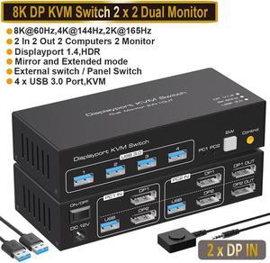 1pc2x2 HDMI DP KVM switch 4K 120Hz Dual Monitor Extended Display 8K USB KVM Switcher 2 in 2 out for 2 Computers 2 Monitors(US Power Plug)
(ZY-ASW221)