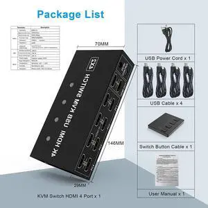 4 Port HDMI KVM Switch 4X2 Dual Monitor 4K@60Hz Extended Display USB KVM Switch 4 in 2 out for 4 PC Share Keyboard Mouse Monitor(USB Power Cable)