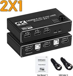 1pc Dual Monitor HDMI KVM Switch 4K 60Hz 2 Port USB HDMI 2.0 KVM Switcher 2 in 2 out Mixed Display 2 Monitors 2 Computer PC laptop(2X1)
