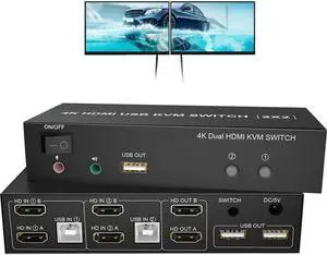 1pc Dual Monitor HDMI KVM Switch 4K 60Hz 2 Port USB HDMI 2.0 KVM Switcher 2 in 2 out Mixed Display 2 Monitors 2 Computer PC laptop(2X1)