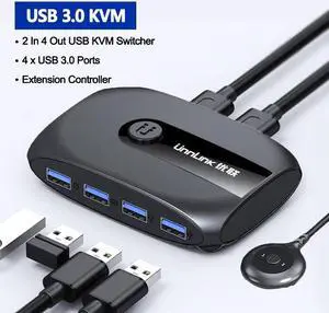 Unnlink USB 3.0 KVM Switch 2 or 4 Computer Share 4 USB Devices for Keyboard Mouse U Disk Printer(2 In 4 Out)