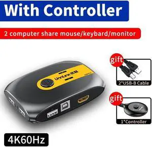 Hdmi KVM Switch 4K60Hz Video Switcher with Extender 2 laptop Share 1 Monitor 4 USB 2.0 1.1 for Mouse Keyboard Printer(With controller)