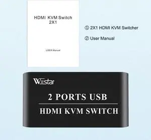2X1 HDM KVM Switch Box Selector HDMI Switch 2 In 1 Out Sharing USB 2.0 monitor mouse keyboard for 2 Computer Laptops PCs(only Kvm)