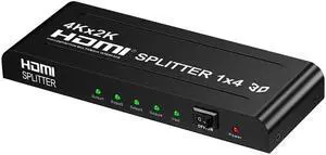 4K HDMI Splitter 1 in 4 out 4K 2K 1080P HDMI Video Distributor Splitter 1x4 Video Switch Amplifier for TV PC Laptop Projector(USB Power cable)