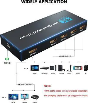 HDMI Multiviewer Switch 4x1 HDMI Quad Seamless Switcher 4 in 1 Out Support 4K 30Hz 5 View Modes for PS4 Camera PC To TV Monitor(AU Plug)