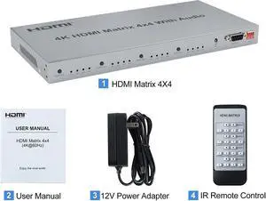 4x4 HDMI Matrix with Toslink&Stereo Audio out 4K HDMI Matrix Selector 4 in 4 out HDMI Switch Splitter with EDID Extractor RS232(With AU Plug)