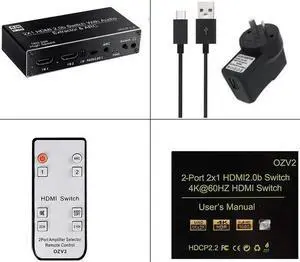 2 port HDMI 2.0 Audio Extractor Switch 2x1 4K 60Hz HDMI Switcher with 5.1CH ARC R/L+Toslink SPDIF+COAXIAL Audio Out HDR HDCP2.2(AU power supply)