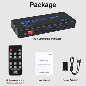 4K 60Hz HDMI Matrix 4x2 with Optical & 3.5mm Stereo Audio Out HDMI Matrix Switcher Splitter 4 In 2 Out Support ARC HDCP 2.2 EDID(with UK Plug)