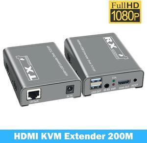 (EU Plug)(One TX One RX)200M HDMI KVM Extender Over UTP/TCP Rj45 Cat5e/6 1080P HDMI USB Ethernet Extender Support Via Network Switch USB Mouse keyboard