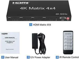 (AU Plug)4K 60Hz HDMI true Matrix 4X4 HDMI 2.0 Matrix HDMI Switcher Splitter Selector 4 in 4 out HDCP2.2 EDID RS232 for PS4 PC TV Monitor