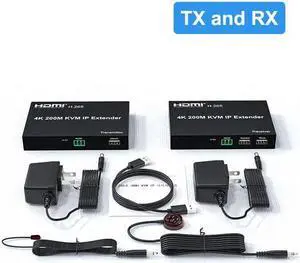 (with UK Plug)(1 TX and 1RX)4K 200M HDMI IP KVM Extender over Cat5e/6 HDMI KVM Matrix Extender with USB by Network Switch one to many Support Mouse Keyboard