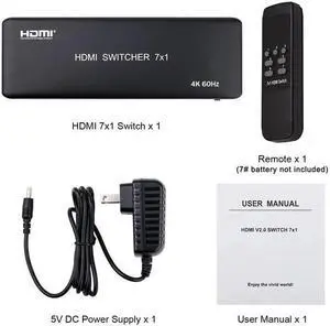 (UK Plug)(HDMI Switch 7x1)HDMI 2.0 Switcher Audio Video Switch 7 in 1 out 4K 60Hz Digital TV Converter HDR HDCP2.2 for PS3/4 PC DVD HD Players TV STB HDTV