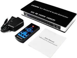 5 Port HDMI Switch ARC Audio Extractor 5x1 with ARC R/L Optical Toslink Audio out 4K HDMI Audio Switcher Converter for PS4 HDTV(EU Plug)