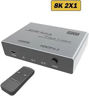 8K HDMI 2.1 Switch 3 In 1 Out 8K@60Hz HDMI 2.1 Switch 2x1 3x1 Selector Box with IR Remote Support 48Gbps HDR HDCP2.3 for PS5 TV(8K 2X1 Switch)
