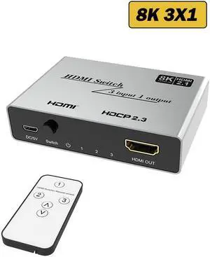 8K HDMI 2.1 Switch 3 In 1 Out 8K@60Hz HDMI 2.1 Switch 2x1 3x1 Selector Box with IR Remote Support 48Gbps HDR HDCP2.3 for PS5 TV(8K 3X1 Switch)