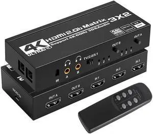 3x2 HDMI Matrix Switcher Audio Extractor 4K 60Hz HDMI Switch Splitter 3 in 2 out with SPDIF 3.5mm Audio Scaling Out HDR HDCP2.2(USB Power Cable)