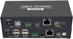 USB 2.0 Fiber Extender over Single FC Fiber Optical to 20Km 4 Port USB HUB Extender 100M via CAT6 Support Webcam Camera Printer(With US Plug)
