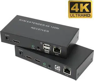 HDMI KVM Extender over Rj45 Cat5e/6 120M 4K 30Hz HDMI Extender with USB Transmit Support Mouse Keyboard Touch Screen for DVR PC(With US Plug)