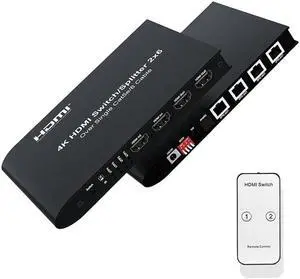 (US Plug)(1 Pcs 2x6)4K HDMI Switch Splitter Extender 2x6 over Ethernet Cat5e/6 100M HDMI Switch 2 in 6 out with 2 Loop-out + 4 Channel RJ45 UTP out
