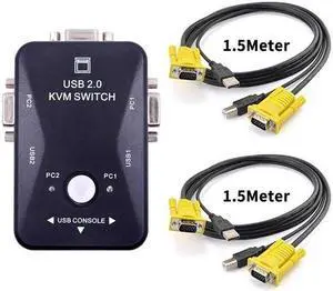 VGA KVM Switch 2x1 1080P VGA USB Switch 2 in 1 out for 2 Computer Laptor Share 1 Monitor & 2 USB Support Mouse Keyboard Printer(with 2 pcs cable)