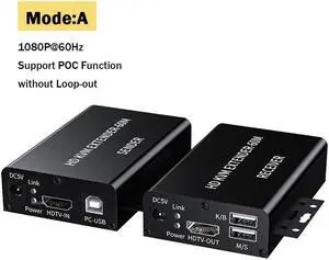 60M HDMI KVM Extender Over Single Cat5E/6 Ethernet Cable HDMI USB KVM Extender Transmitter Receiver Extension for Keyboard Mouse(US Plug)
(Mode-A)