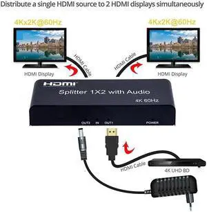 1x2 HDMI Splitter with Audio Extractor 4K 60Hz HDMI Distributor Splitter 1 in 2 out with SPDIF Optical + 3.5mm Stereo Audio Out(with AU Plug)