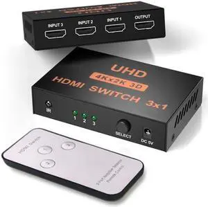HDMI Switch 5 in 1 out with IR Remote Control 4Kx2K 5 Port HDMI Switcher Selector Box for Xbox PS4 DVD PC Laptop to Monitor HDTV