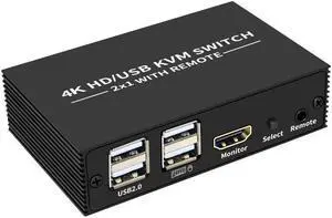 2 Port HDMI KVM Switch 2 in 1 out 4K 30Hz HDMI USB Switcher 2x1 KVM Switch for 2 PC Sharing Keyboard Mouse Monitor for PC Loptop