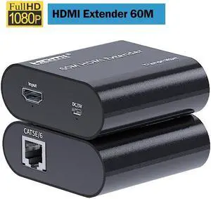 60M HDMI Extender over Ethernet Cat5e/6 Cable 1080P HDMI Rj45 Extender Video Audio Extender Transmitter EDID for PC PS4 DVR HDTV(USB Power Cable)