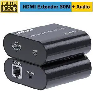 60M HDMI Extender over Ethernet Cat5e/6 Cable 1080P HDMI Rj45 Extender Video Audio Extender Transmitter EDID for PC PS4 DVR HDTV(USB Power Cable)
(With Audio out)