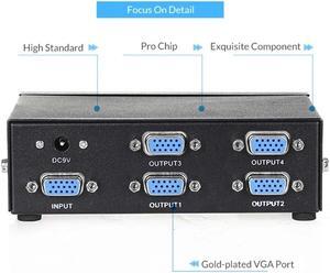 4 Port VGA Splitter 1 In 4 Out 1080P VGA Distributor Splitter 1x4 Video Screen Duplication Converter Support 200MHz Bandwidth(UK Plug)