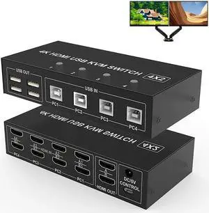 Dual Monitor HDMI KVM Switch 4x2 Extended Display 4K@60Hz HDMI USB KVM Switcher 2 in 4 out for 4 PC Share Monitor Mouse Keyboard