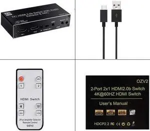 2x1 HDMI Switch Audio Extractor 4K 60Hz 5.1CH HDMI ARC Switcher with Optical SPDIF+Coaxial+R/L Stereo Audio Out HDCP 2.2 for PS5(USB power cable)