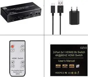 2x1 HDMI Switch Audio Extractor 4K 60Hz 5.1CH HDMI ARC Switcher with Optical SPDIF+Coaxial+R/L Stereo Audio Out HDCP 2.2 for PS5(EU power supply)