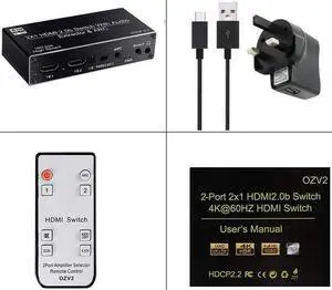 2x1 HDMI Switch Audio Extractor 4K 60Hz 5.1CH HDMI ARC Switcher with Optical SPDIF+Coaxial+R/L Stereo Audio Out HDCP 2.2 for PS5(UK power supply)