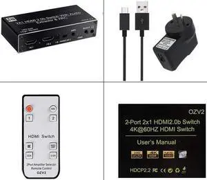 2x1 HDMI Switch Audio Extractor 4K 60Hz 5.1CH HDMI ARC Switcher with Optical SPDIF+Coaxial+R/L Stereo Audio Out HDCP 2.2 for PS5(AU power supply)