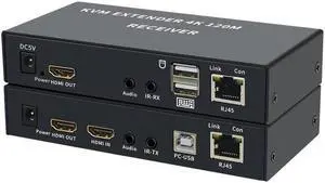 4K HDMI KVM Extender Over cat5e/6 ethernet cable 120M HDMI USB Extender Video Audio Transmitter Receiver Support Keyboard Mouse(With EU Plug)
