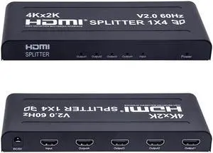1 in 4 out HDTV Splitter HDMI-Compatible 4K 60Hz 1080P Video Converter 1x4 Metal Amplifier Box Display for HDTV DVD PS3 Xbox(4K 60Hz V2.0)