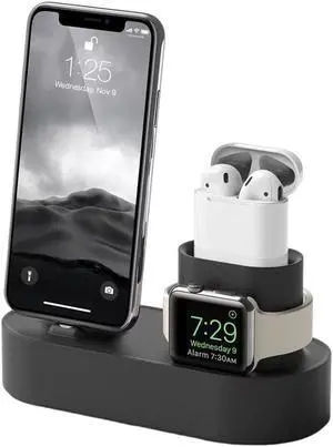 3-in-1 Phone Watch Bracket Silicone Multifunctional Charging Dock Station Anti Slip Accessories(Black)